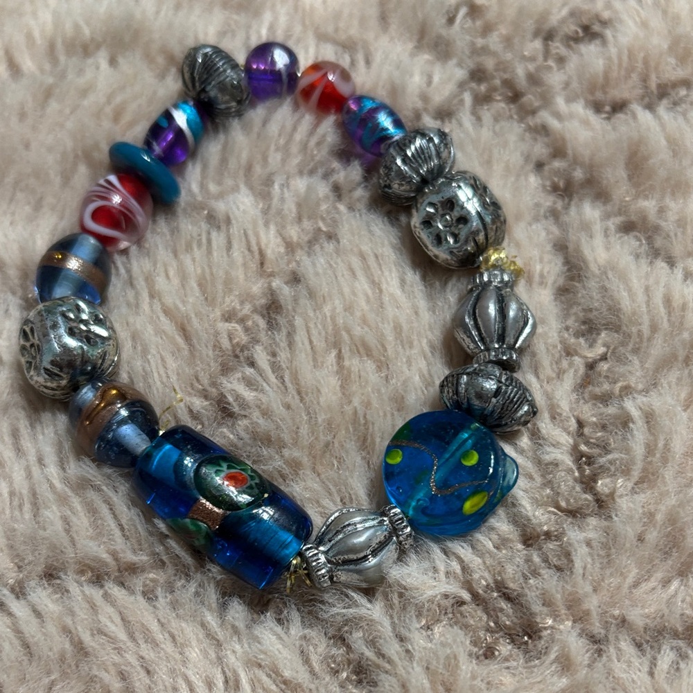 Blue Glass Bead Charm Bracelet (handmade) - Picture 2 of 4
